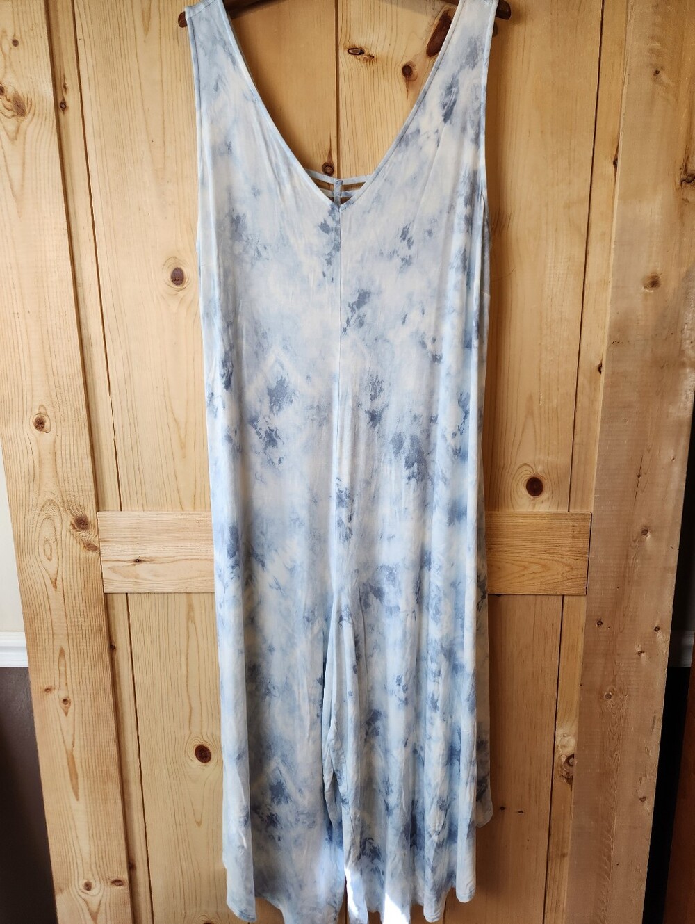 Wonderly Blue/White Cloud Tie-Dye Boho Deep V-Neck Wide Leg Sleeveless Jumpsuit